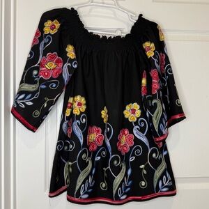 Floral Embroidered Black‎ Blouse Sz S 100% Cotton feratelli PTP 18”